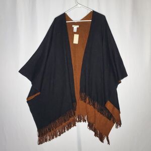 Coldwater Creek Sweater Shawl Wrap OSFM Reversible Knit Wrap Brown Black Fringed